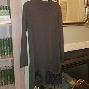 dark gray/green wool dress with ostridge feathers